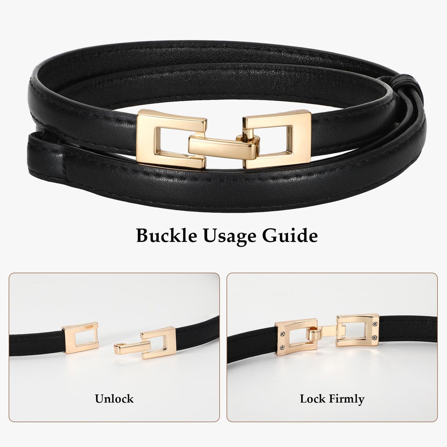 WERFORU 2 Pack Women Skinny Belt Thin Waist Belt for Pants Leather Belt with Gold Buckle for Jeans Dress,0.6" width,black+brown