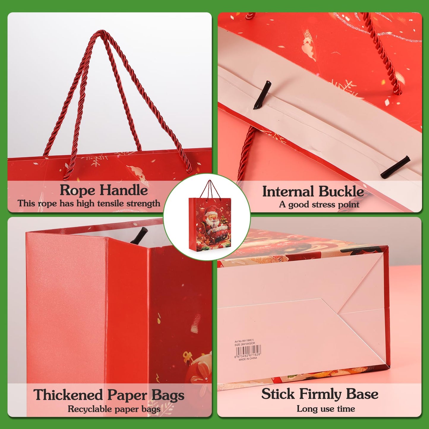 Rusikia 12 Christmas Gift Bags with 12 Tissues and 1 Satin Ribbon - Medium