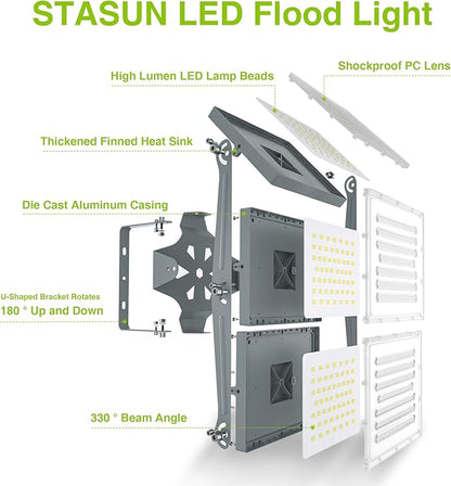 STASUN 2 Pack LED Flood Lights Outdoor, Max Series 600W 60000lm 6000K Daylight IP66 Waterproof, Commercial Parking Lot Lights, 3 Heads for Yard Street Stadium Outdoor Area Floodlight Security Light