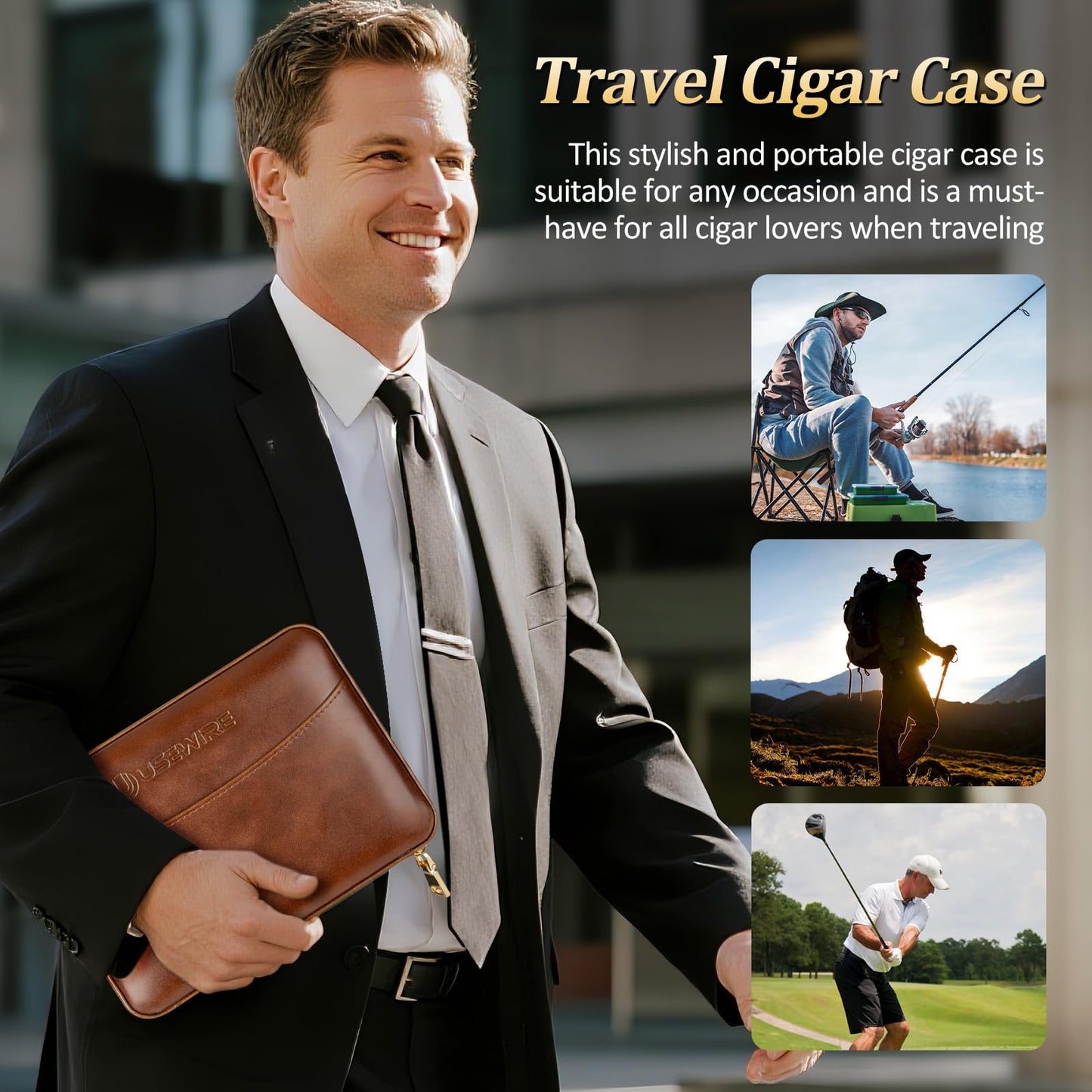 USEWIRE Cigar Humidor, Cedar Wood Leather Cigar Box Set with Cigar Lighter, Cigar Humidifier and Cedar Tray, Portable Travel Cigar Case for 7 Cigars, Men's Cigar Accessory Gift (No Butane)