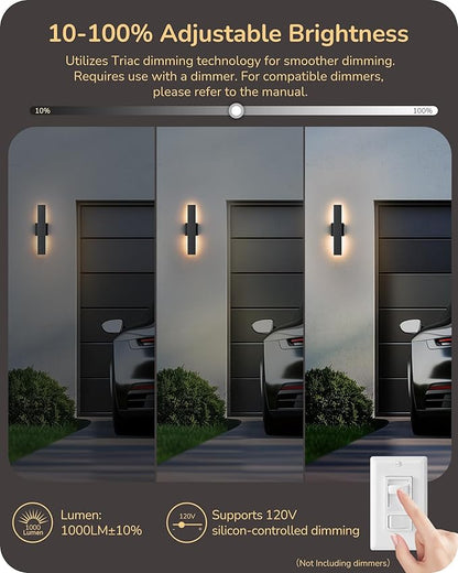 EDISHINE 2 Pack LED Outdoor Wall Lights Dimmable, 3000K 4000K 5000K, 15.7" Modern Black Outdoor Wall Sconce, IP65 Waterproof, Linear Exterior Wall Light for Entrance, Hallway, Garage, Porch