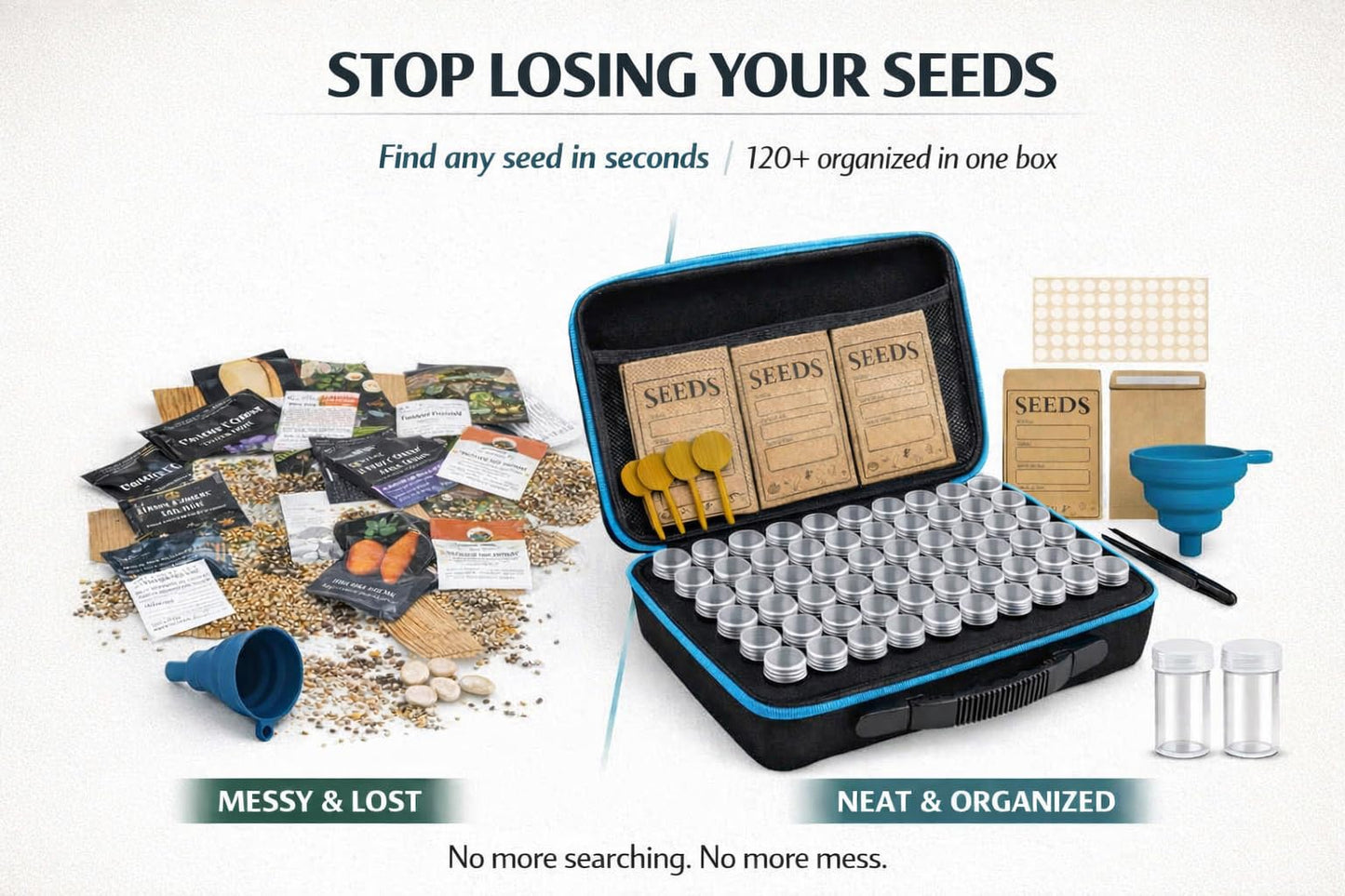 Seed Storage Organizer Kit with 120 Containers, Seed Saver Storage Box for Seed Collection & Preservation, Seed Envelopes, Labels, Funnel & Tweezers, Garden Seed Organizer for Gardeners