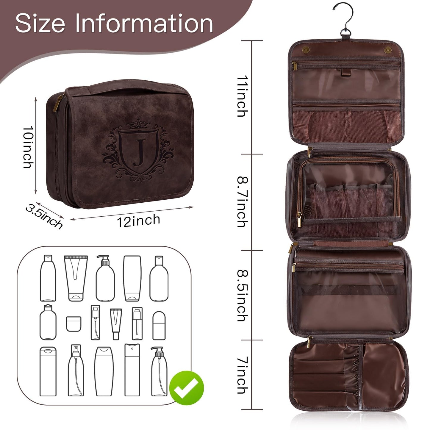 Aganmi Personalized Hanging Toiletry Bag Travel Gifts for Men Him, 3-in-1 Large Laser-Engraved Initial Waterproof PU Leather Shaving Bag Valentines Birthday Gift for Men Dad Husband Dark Brown M