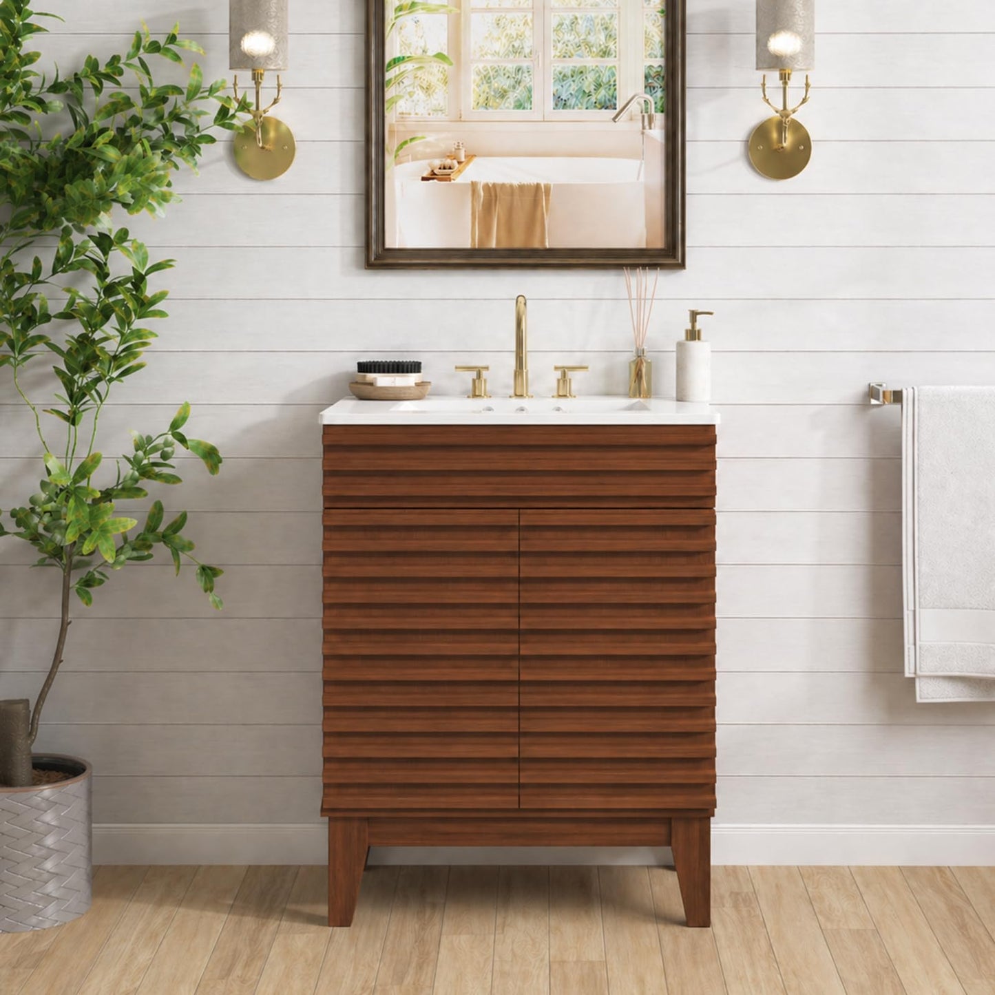 LUXEYARD 24 Inch Bathroom Vanity with Sink, Walnut Fluted Freestanding Bathroom Vanity Cabinet with Ceramic Sink Top, Solid Wood Legs, Soft Close Double Doors and Modern Storage Cabinet