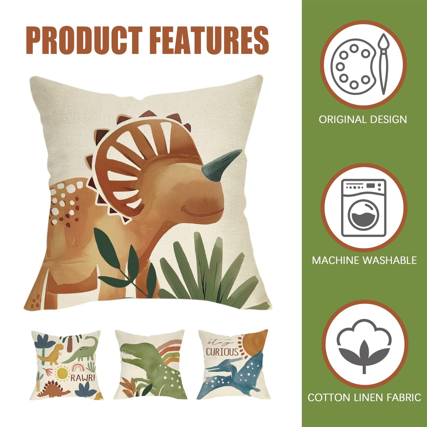 Fahrendom Boho Dinosaur Rawr Decorative Throw Pillow Covers 18 x 18 Set of 4, Bohemian Dino Stay Curious Porch Patio Outdoor Pillowcase, Sun Rainbow Plant Sofa Couch Cushion Case Home Decor