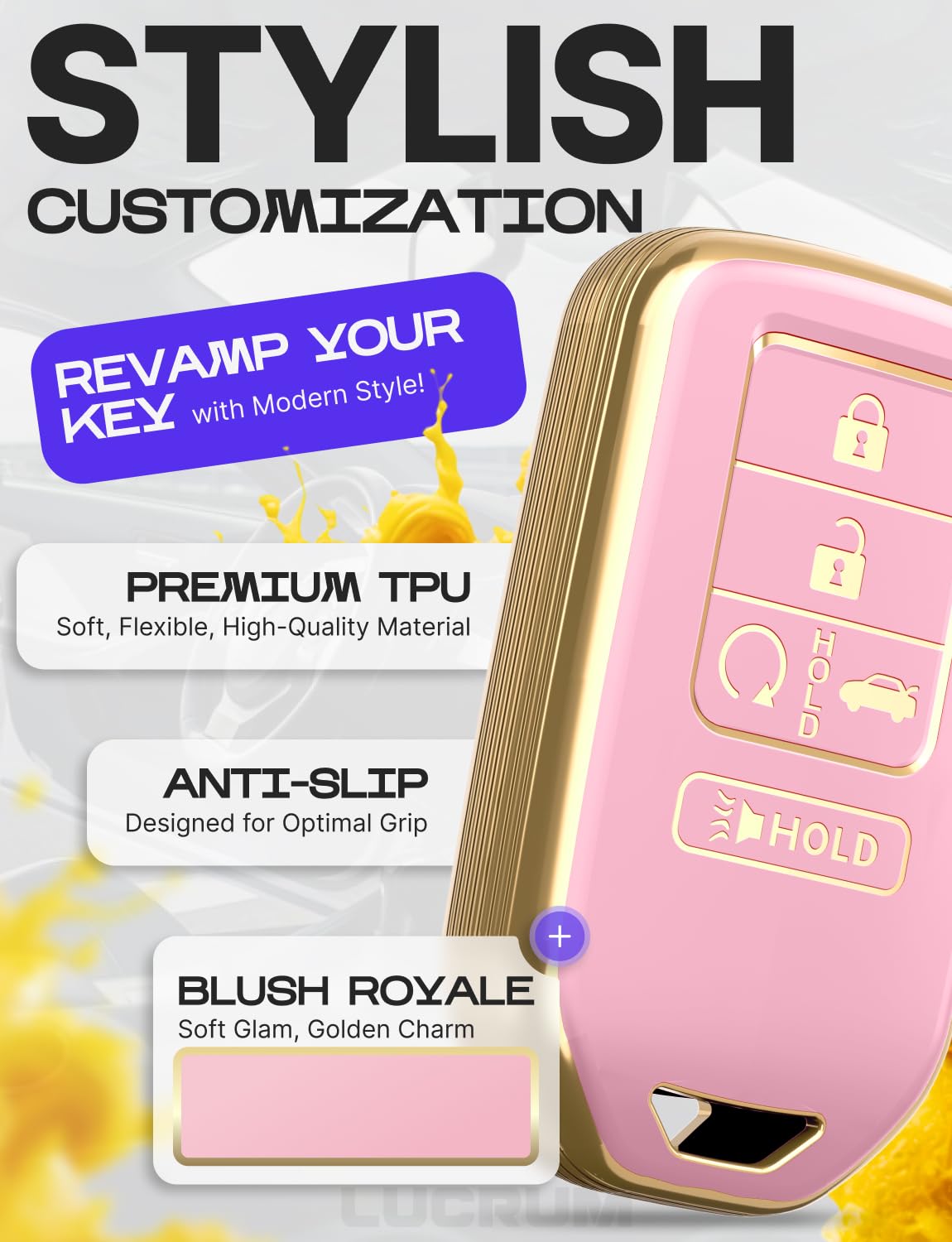 Lucrum Compatible with Honda Key Fob Cover & Leather Keychain - TPU Keyfob Case for Accord Civic CR-V HR-V Pilot Ridgeline Crosstour Fit, For 5 Button Remote (2015-2021) - Pink and Gold