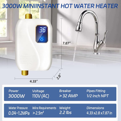 Tankless Water Heater Electric 110V, 3000W Instant Electric Water Heater, Under Sink Water Heater with Digital Display, On Demand Hot Water heater Electric for Kitchen Bathroom Washin