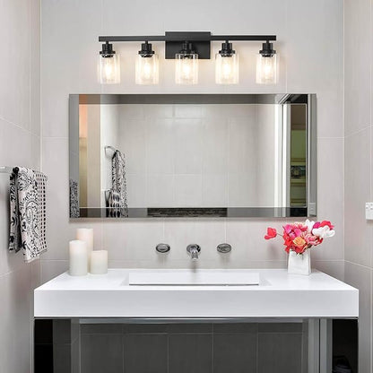 5-Light Black Bathroom Vanity Light, Modern Vanity Lighting Fixture for Bathroom, 31" Matte Light Fixture, Wall Sconces with Clear Glass Shade, Black Bathroom Wall Light Over Mirror