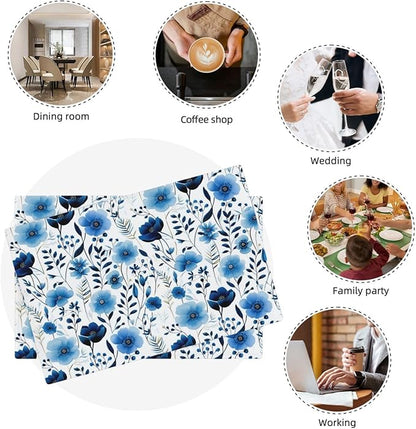 Blue Floral Watercolor Linen Placemats Set of 4, 12" x 18" Heat Resistant Washable Boho Blue Table Mats for Dining Table Kitchen Party Outdoor, Elegant Home Decor & Gift for Floral Nature Enthusiasts