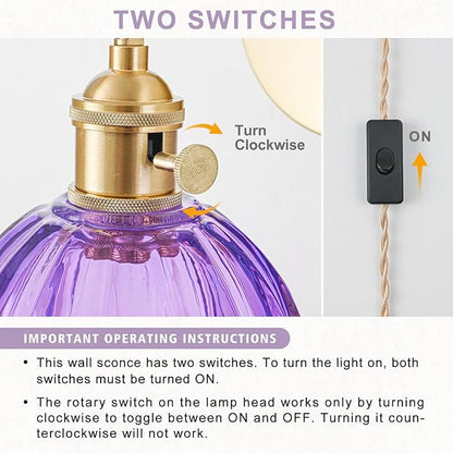 Plug in Wall Sconces Set of 2, Vintage Wall Sconce Light with Tulip Purple Glass Lampshade, 180° Adjustable Wall Sconce with Switch and Plug in wall lamp Cord, Gold Wall Light Wall Decor Set of 2