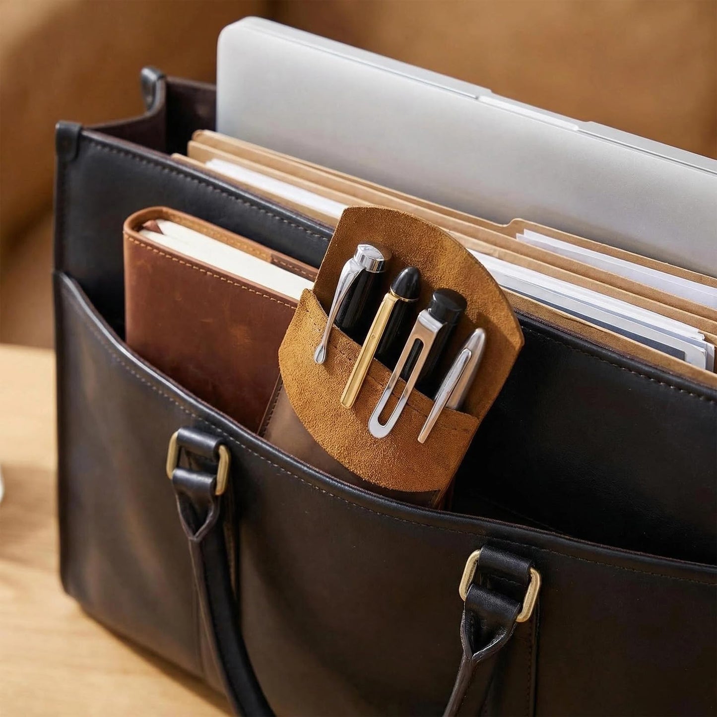 Yeedonzo Leather Pen Case Holder, Handmade Crazy Horse Pen Protector for Fountain Pens, Pen Holder, Pencil Case, Pen Pouch Genuine Leather (Brown, 4 Pen)