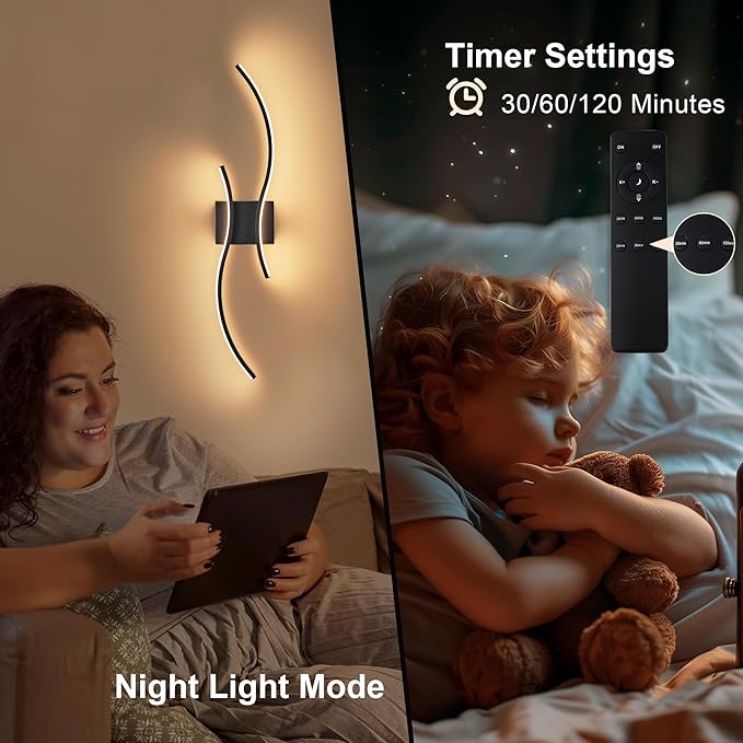 Battery Operated Wall Sconces with Remote Control, Stepless Colors 3000K-6000K & Dimming, LED Black Wireless Wall Light for Living Room, Hallway, Bedroom, 27.5 Inch (1 Pack)