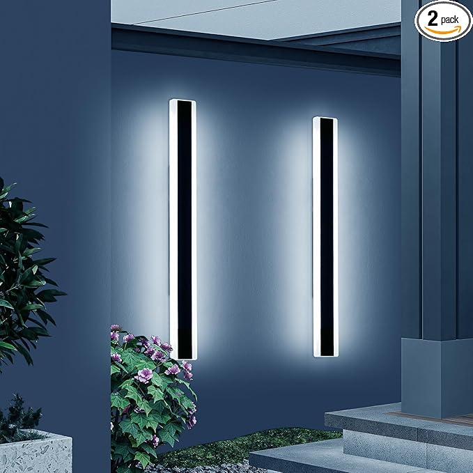 2 Pack 39.3inch Modern Linear Outdoor Wall Light, Outside LED Long Wall Sconce, 6000K Cold White, 36W, IP65 Waterproof, Black Exterior Lighting Fixture for House, Garage, Porch, Garden
