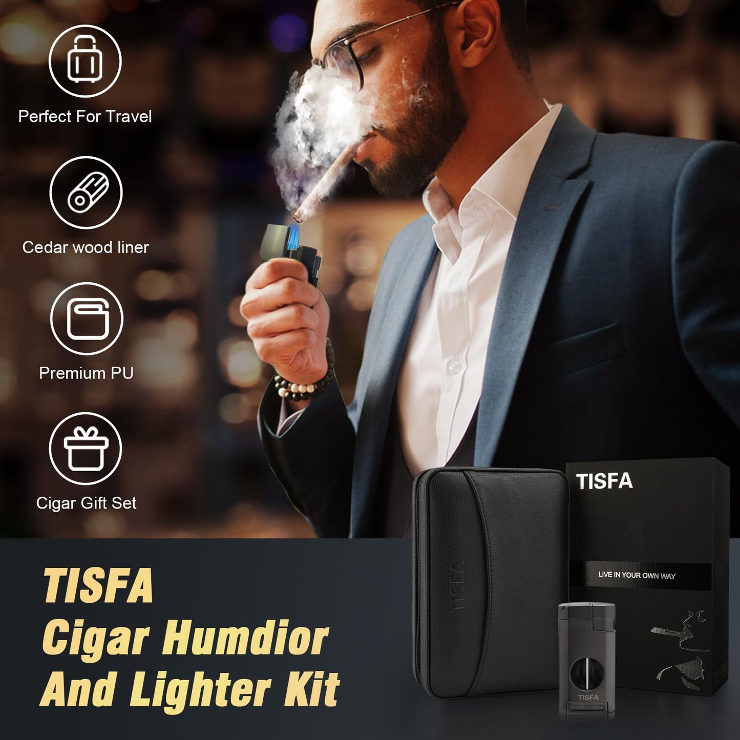 TISFA Cigar Humidor, Leather Cedar Wood Cigar Case with Cigar Lighter, V Cut Cigar Cutter, Cigar Holder 3 in 1, Portable Travel Cigar Humidor Box with Humidifier (Black)