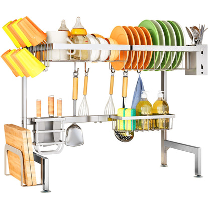 Over The Sink Dish Drying Rack, Full Stainless Steel 2-Tier Kitchen Counter Dish Drainer Rack Adjustable (33.8 to 41.5 inch), Expandable Dish Drying Rack with Kitchen Accessories, Silver