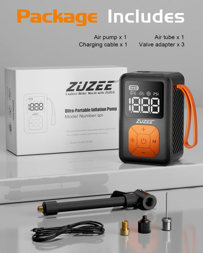 ZUZEE Mini Bike Pump, 150 PSI Portable Bicycle Pump with Gauge, 3X Faster & Auto Stop & Brushless Motor, Electric Bike Tire Pump with Presta and Schrader Valve for Road Bike, MTB, Motorcycle, Ball,etc