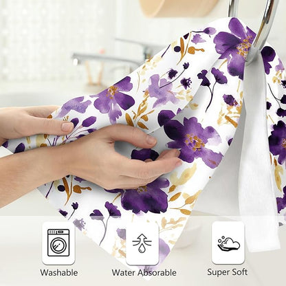 Purple Floral Hand Towels Bathroom Soft Absorbent Purple Flower Decorative Bath Towels Set for Bathroom Gym Spa Home Farmhouse Housewarming Gifts for Women Girls Set of 2, 14"x28"