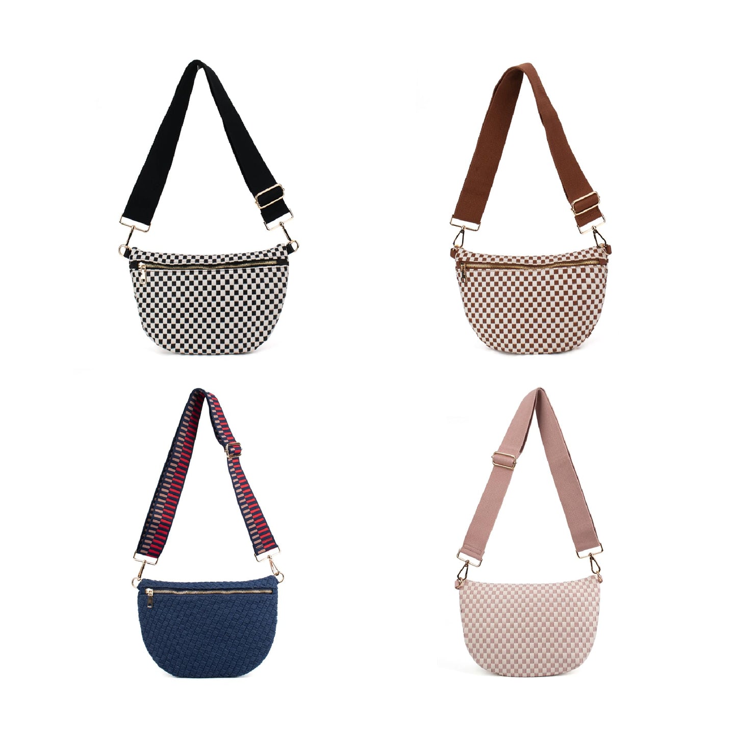 Babs + Birdie The Fiona | Woven Bum Bag | Stylish Woven Crossbody Pack | Adjustable Strap for Travel Festivals & Everyday | Brown & White Checkered