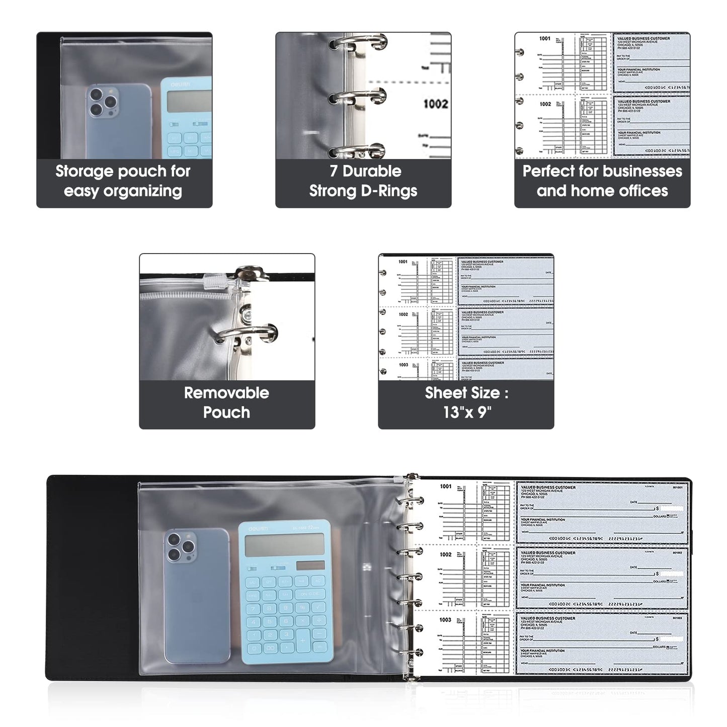 7 Ring Executive Business Check Binder 600 Checks Capcity for 9" x 13" Sheets, PU Leather Checkbook Holder with Zip Pouch