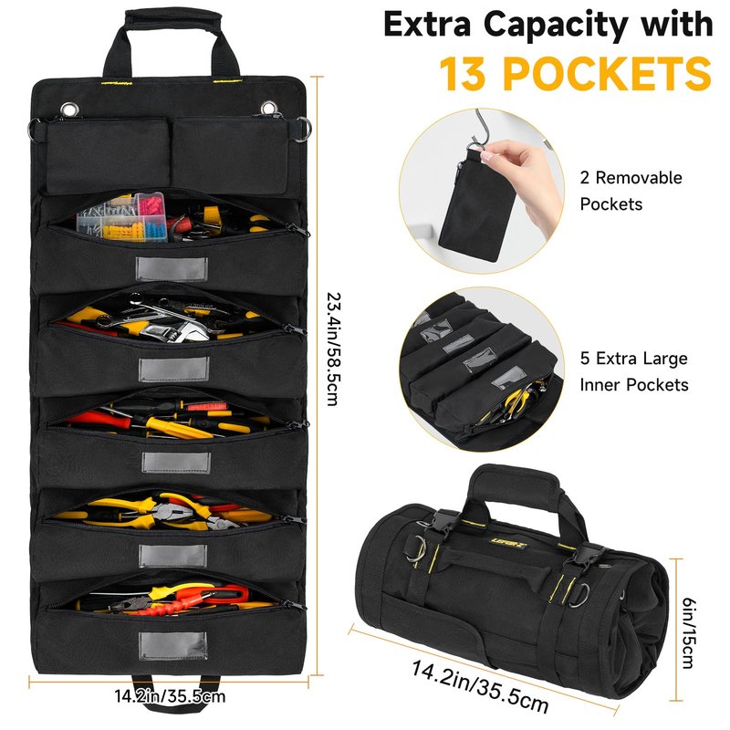 Tool Bag,Large Roll Up Tool Bag Organizer,13 Pockets Tool Roll Storage Pouch,Heavy Duty Portable Tool Storage Carrier Bag for Men,Mechanic,Electrician,Valentines Day Gifts for Men,Black