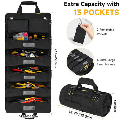 Tool Bag,Large Roll Up Tool Bag Organizer,13 Pockets Tool Roll Storage Pouch,Heavy Duty Portable Tool Storage Carrier Bag for Men,Mechanic,Electrician,Valentines Day Gifts for Men,Black