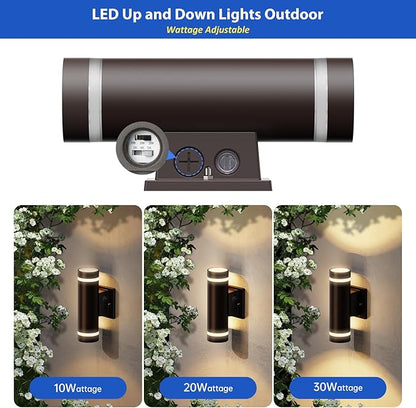 dephen Outdoor Up Down Wall Light, Dusk to Dawn LED Exterior Sconces Light 3000K/4000K/5000K /10W/20W/30W Adjustable, Brown Aluminum Modern Cylinder Porch Lights (UL-Listed)