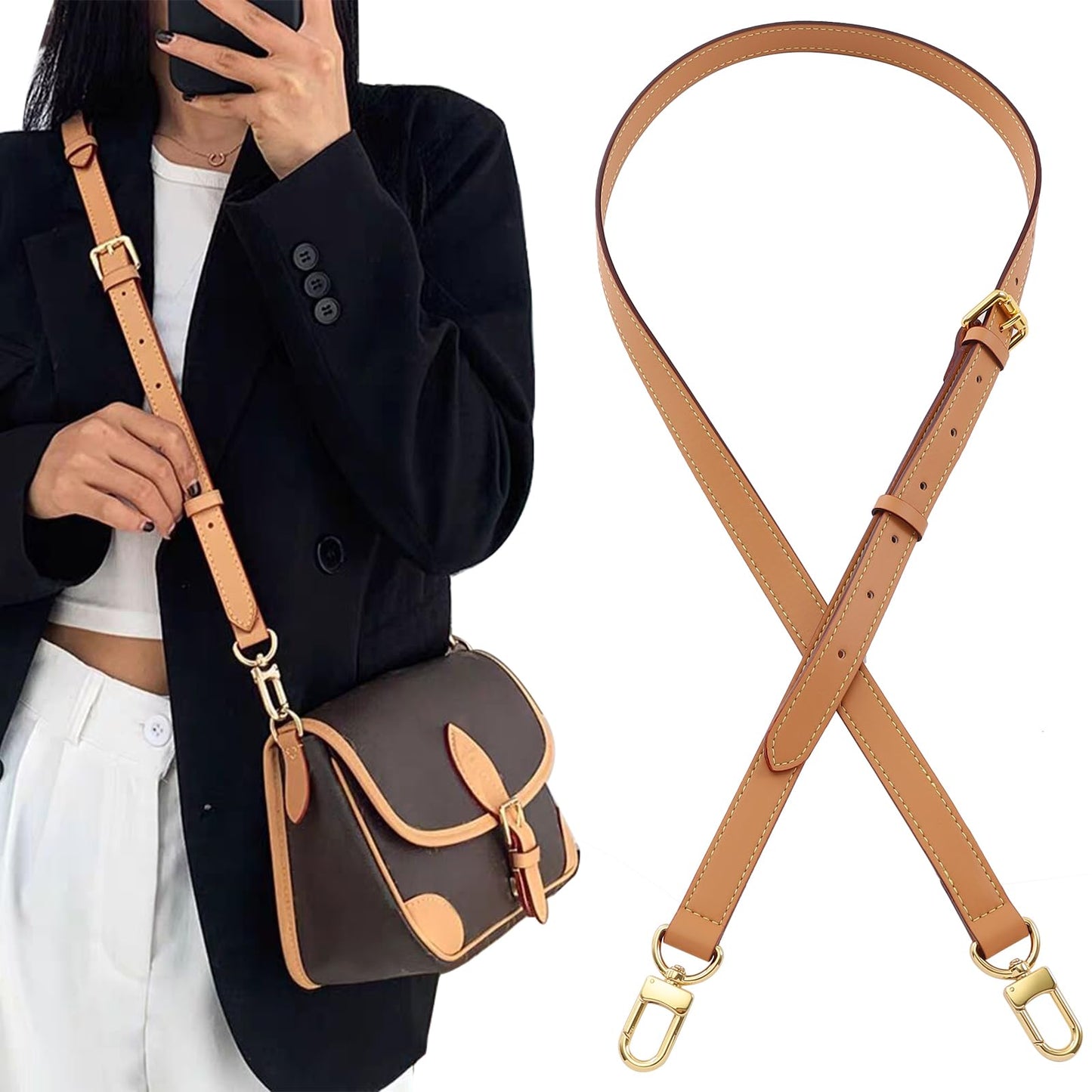 BMBMLV Vachetta Leather Strap Adjustable Crossbody Strap for Small Bags Pochette Mini NM Eva Favorite PM MM Nano Speedy(Honey Light Yellow)