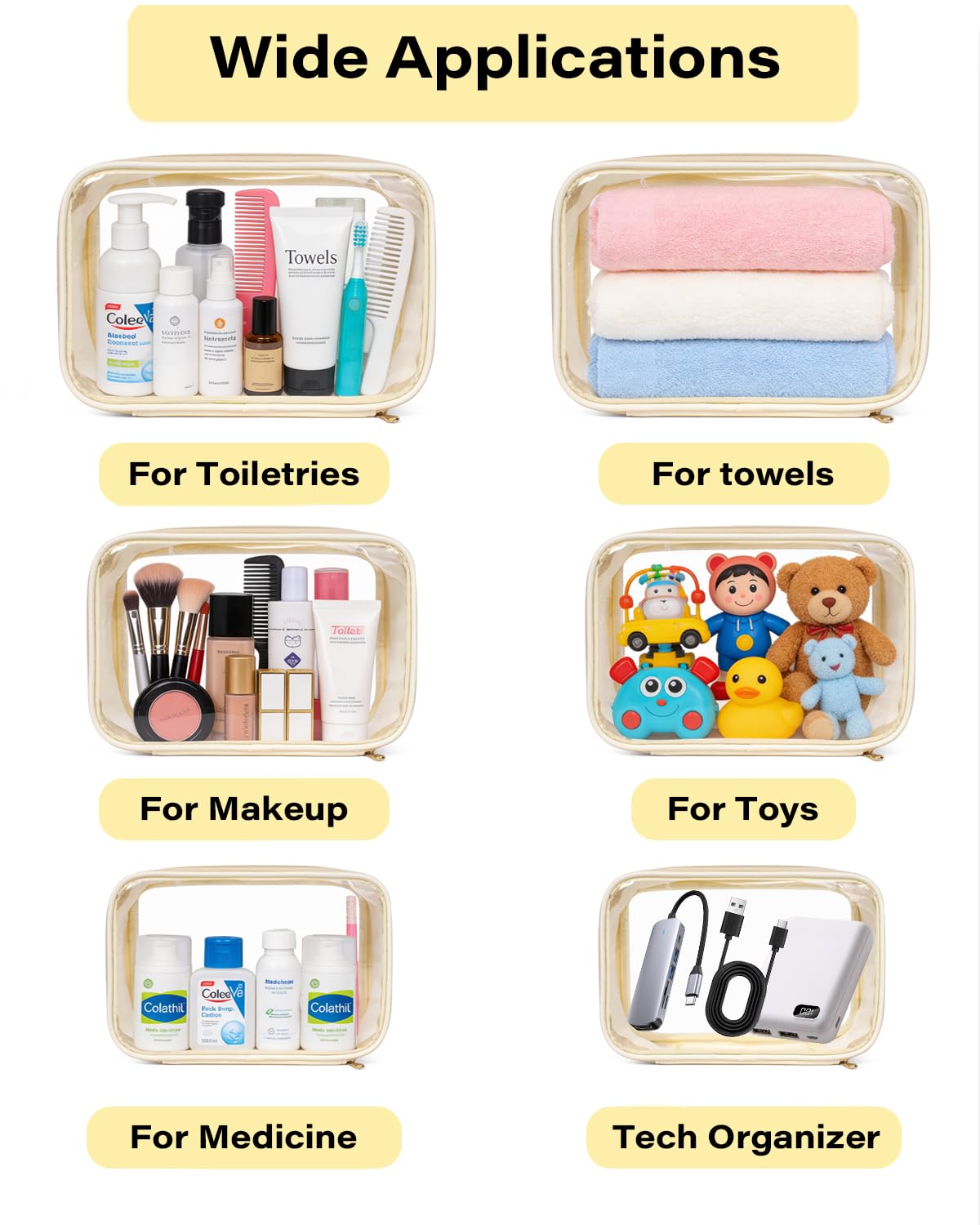 FFpaw Travel Clear Makeup Bag Set for Women, 3 Pack Travel Size Toiletry Bag with Zipper Small Makeup Pouch for Purse Waterproof Portable Cosmetic Case Compact Car Organizer Storage Bag (Beige Set)