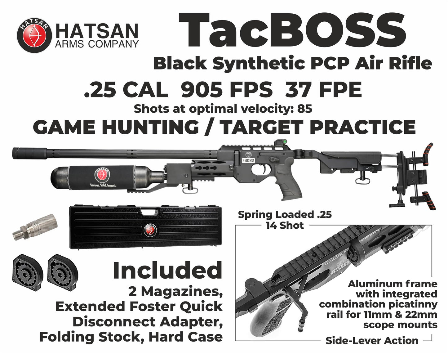 Hatsan TacBoss .25 Cal 905 FPS 37 FPE 14-Shot PCP Black Air Rifle, Side-Lever Action, 580cc Air Cylinder, Dual Pressure Gauges, QE Technology w/ Wearable4U 150x .25cal Pellets & Scope w/Mounts Bundle