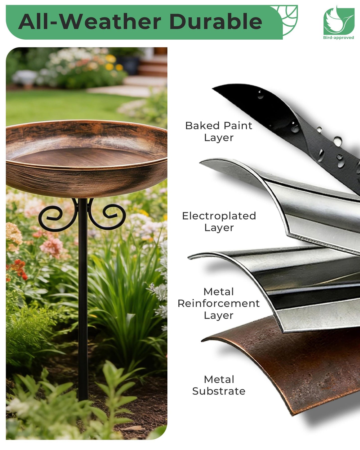 OUISJYER Small Metal Bird Bath for Outdoors, 10" Dia Bowl with Stake Birdbaths Garden Yard Lawn Decor 0.4 Gallon