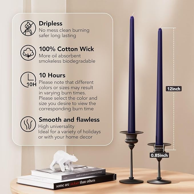 12-Inch Tall Dripless Taper Candles Set of 4 - Navy Blue Tapered Candles, Perfect for Wedding,Christmas - Smokeless, Unscented, Long Burning - Hand Poured, Colored Tall Candlesticks