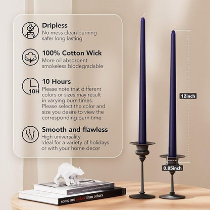 12-Inch Tall Dripless Taper Candles Set of 4 - Navy Blue Tapered Candles, Perfect for Wedding,Christmas - Smokeless, Unscented, Long Burning - Hand Poured, Colored Tall Candlesticks