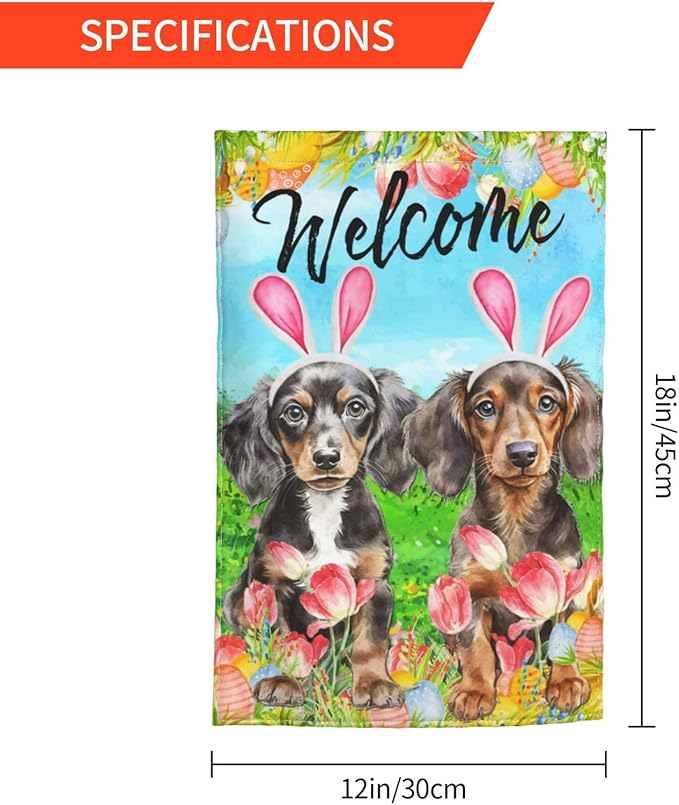 Dachshund Dog Bunny Cute Flower Happy Easter Garden Flag Welcome Party Outdoor Outside Decorations Picks Home House Garden Yard Decor 12x18 Inch