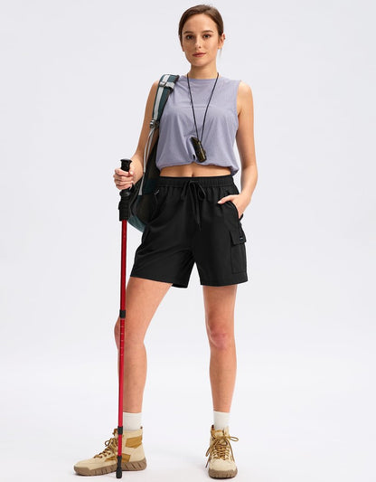 SANTINY Women's 5''/ 7''/9'' Hiking Cargo Shorts Quick Dry Lightweight Summer Shorts for Women Athletic Golf Zipper Pockets(Black_XL)