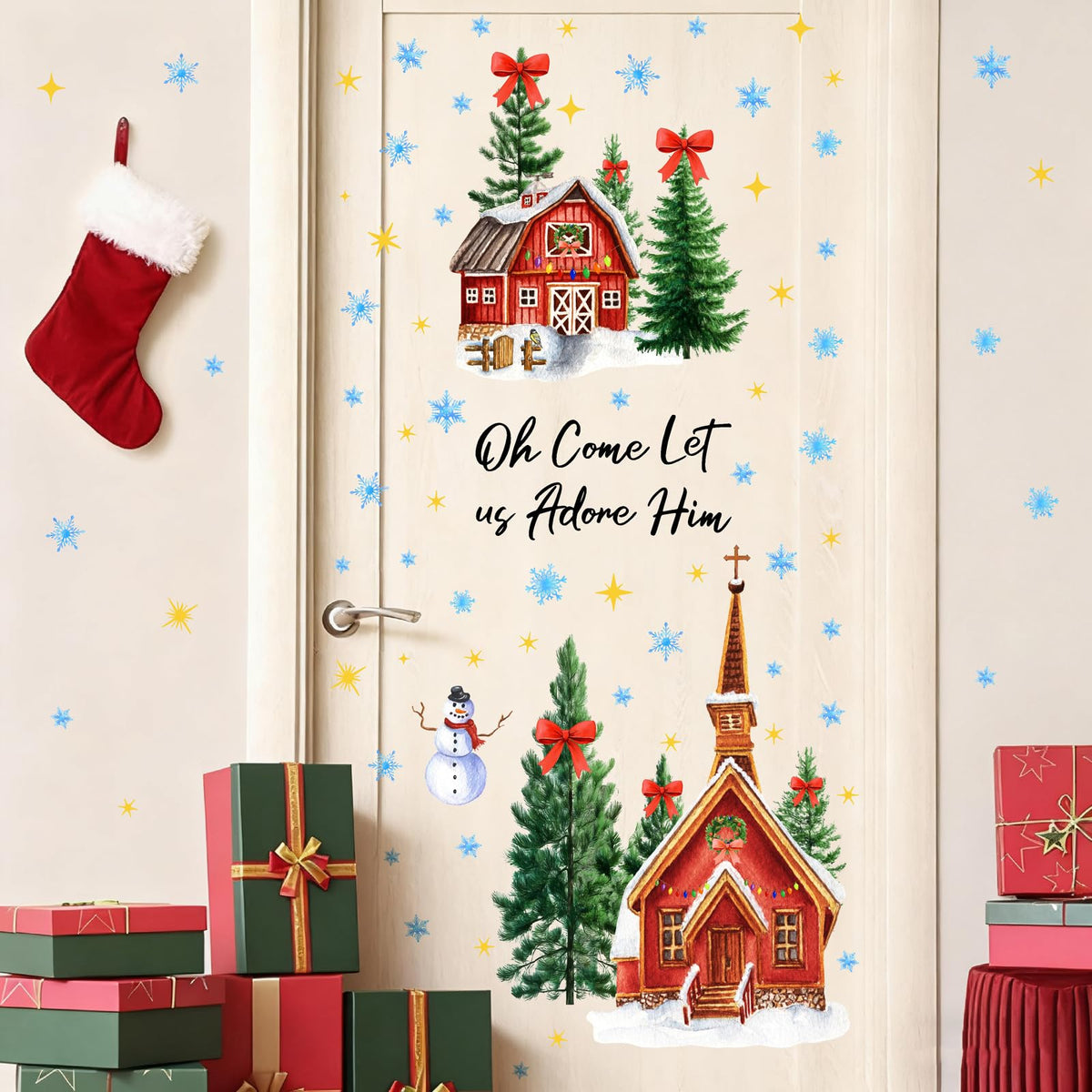 Large Christmas House Wall Stickers Christmas Pine Tree Window Wall Decals Winter Snowflake Snowman Tree House Window Stickers Holiday Windows Decals Removable Xmas Party Decorations