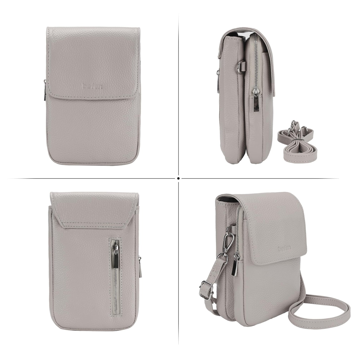 befen Real Leather Small Cell Phone Crossbody Bags for Women, Women's Shoulder Purse Handbags with RFID Blocking Wallet Beige Grey