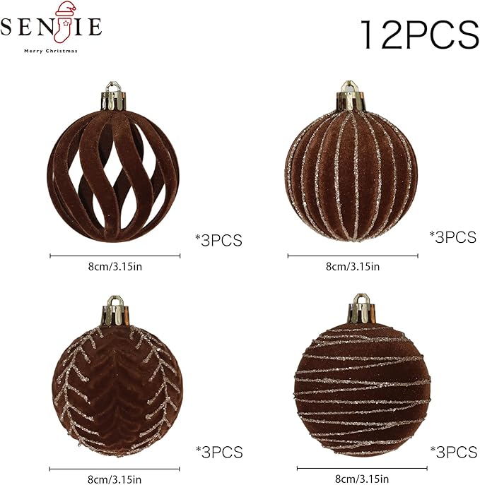 3.15INCH Brown Velvet Ornaments for Christmas Tree, 12PCS Glitter Flocked Christmas Ornaments Decorations Balls Set Decor