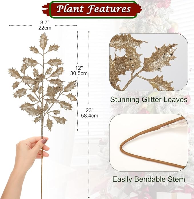 DILATATA 6Pcs Christmas Glitter Leaves Holly Leaves 23" Artificial Champagne Holly Leaf Picks Sprays Giltter Stems for Christmas Tree DIY Xmas Wreath Garland Home Decor - Champagne