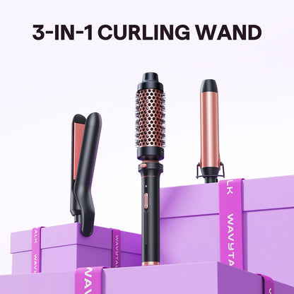 Wavytalk 3 in 1 Curling Wand Set, Multi Curl, Curling Iron Set with Heated Round Brush, Flat Iron Hair Straightener, 1 1/4 inch Curling Iron, Dual Voltage Hair Curler(Pink)