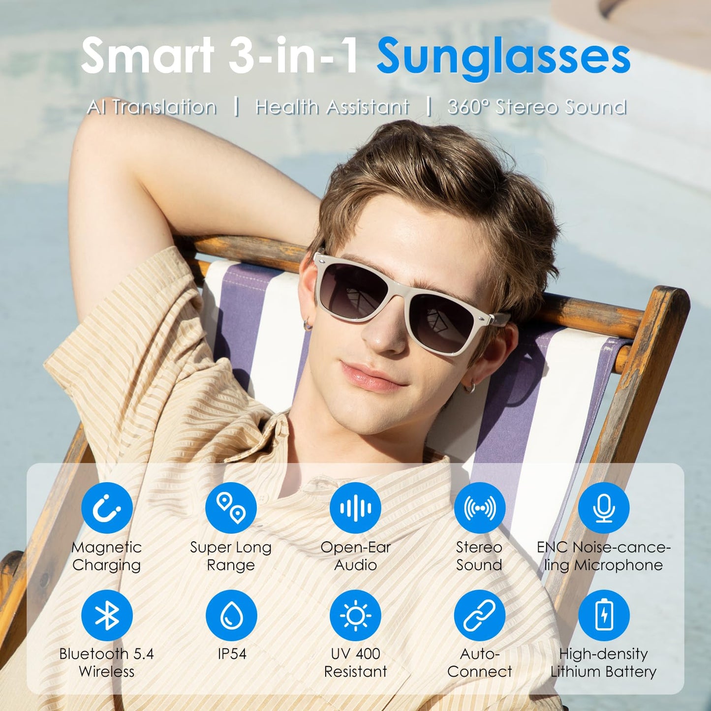 GetD AI Glasses for Men & Women, Smart Glasses Powered by ChatGPT, AI Real-time Translation with 145 Languages, 11H Music Play, Bluetooth Glasses with Photochromic Lens for Daily Use, Travel