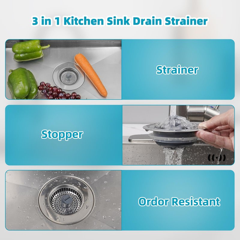 Hibbent 2 Pack 3 in 1 Kitchen Sink Drain Strainer, Stainless Steel Wrapped Shell Drain Stopper Combo, Pop Up Sink Stopper, Anti-Clogging Strainer with Foldable Handle for US Standard 3-1/2" Drain