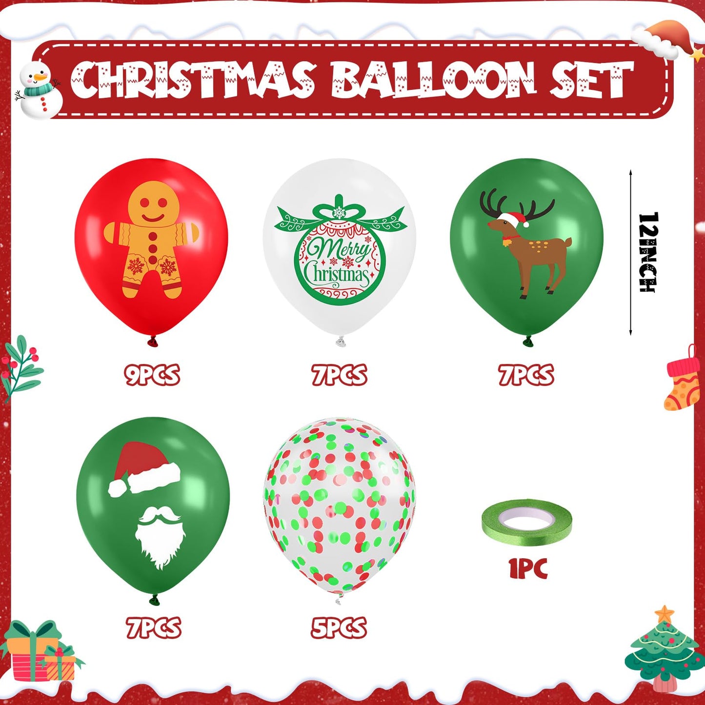 Saxuxu Christmas Balloons, 12 Inch Xmas Print Balloons, Red Green Confetti Latex Balloon Green Red White Gingerbread Man Bell Elk Santa Claus Printed Balloon for New Year Christmas Party Decorations