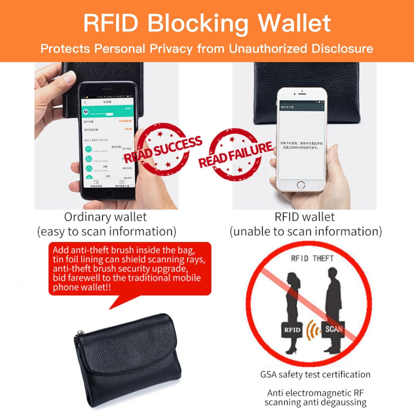 Genuine Leather Wallet for women, RFID Blocking Soft Leather Bifold Compact Card Holder Wallet with Zipper Coin Pocket ID Window (Black)