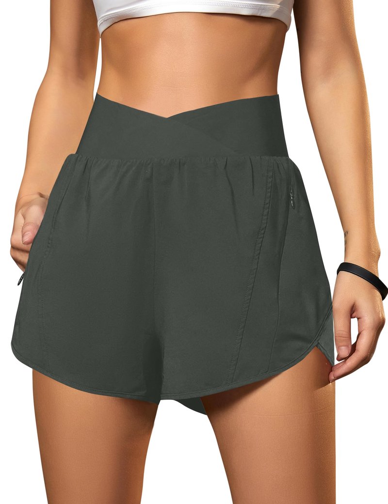 Blooming Jelly Women's Workout Shorts Athletic Running Elastic High Waisted Black Gym Yoga Shorts with Zipper Pockets (Dark Green,Medium)