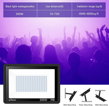2 Pack 300W LED Black Lights Outdoor, Flood Blacklight Light with Plug, 395nm to 410nm IP66 Waterproof for Dance Party, Glow in The Dark, Stage Lighting, Body Paint, Fluorescent Poster, Neon Glow