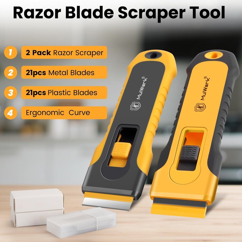 MulWark Razor Blade Scraper, 2 Pack Razor Scraper Tool with Extra 42pcs Razor Blades, Glass scraper with Storage Function Cleaning Scraper Tool for Cooktop, Glass, Old Label, Decal Sticker