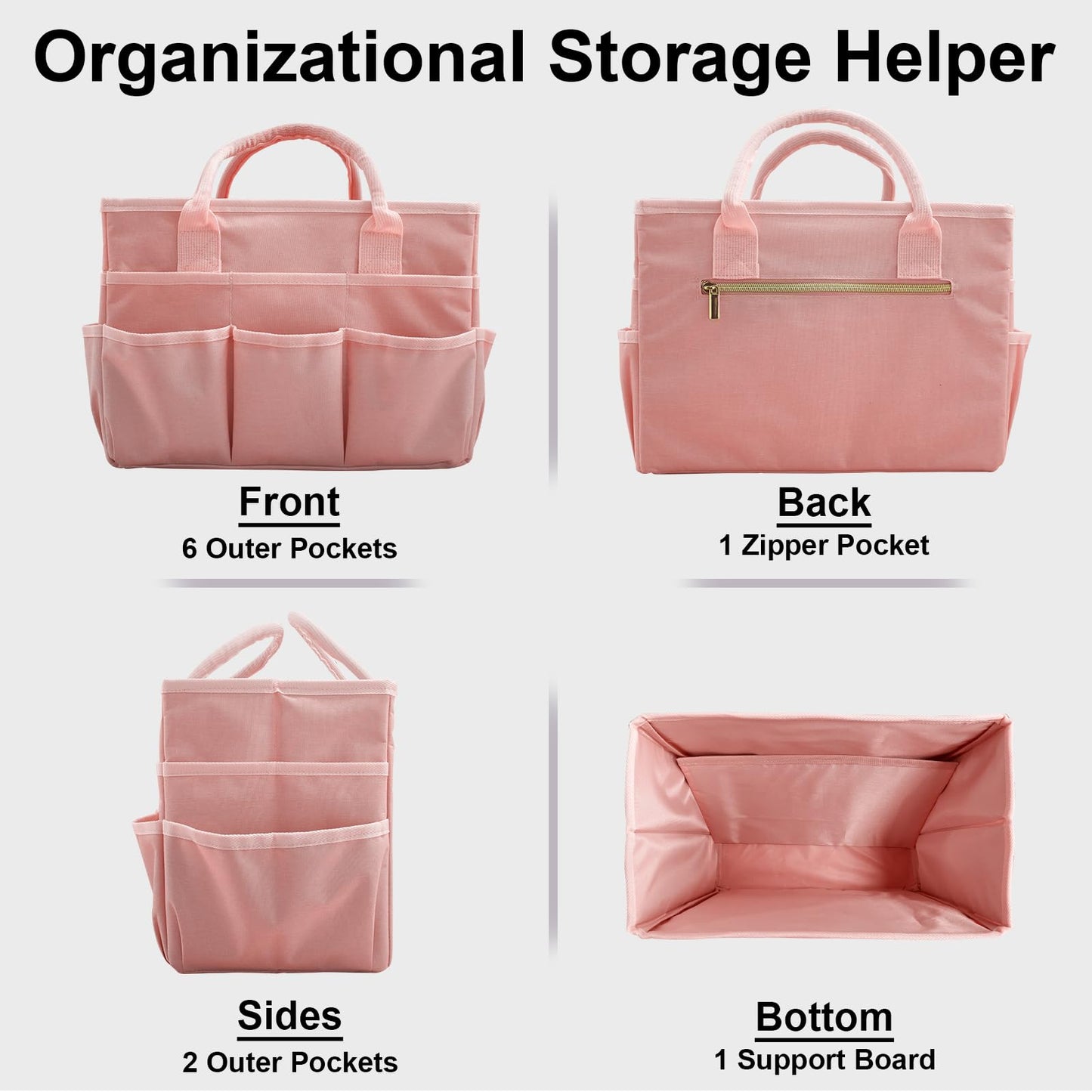 Cupohus Art Organizer Craft Storage Tote Bag with Pockets and Handles, Oxford Fabric Carrying Caddy for Teacher, Officer, Artist, Traveler, and more –Pink