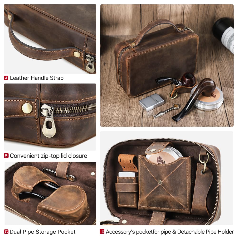 Hiram Leather Pipe Storage Bag Travel Smoking Accessories Organizer Case with Detachable Dual Pipe Holder Cigarette Case Pouch Lighters Pocket & Leather Handle Strap Portable Smoker Supply Carry Bag