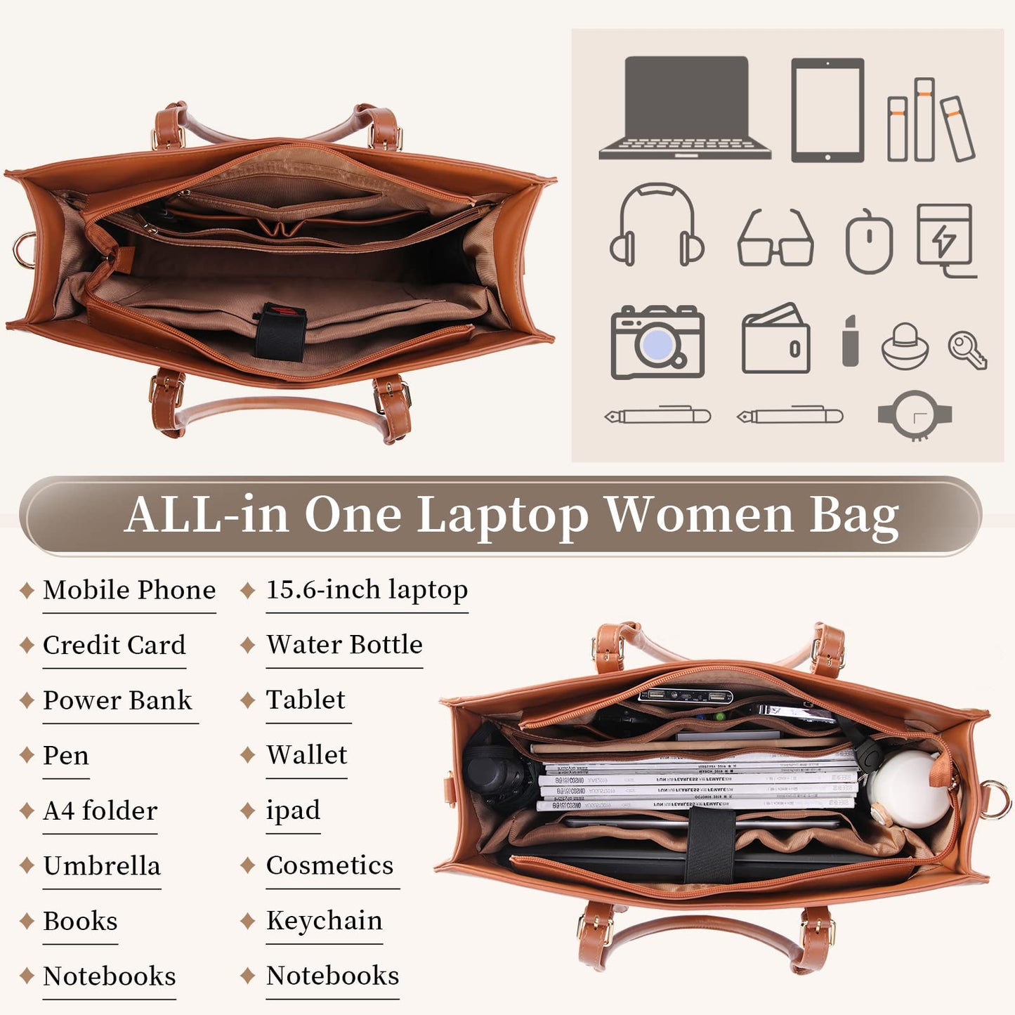 Laptop Bag for Women 15.6 inch Waterproof Laptop Tote Work Bag Leather Computer Tote Briefcase Bag Office Professional Large Capacity Handbag School Shoulder Bag Brown