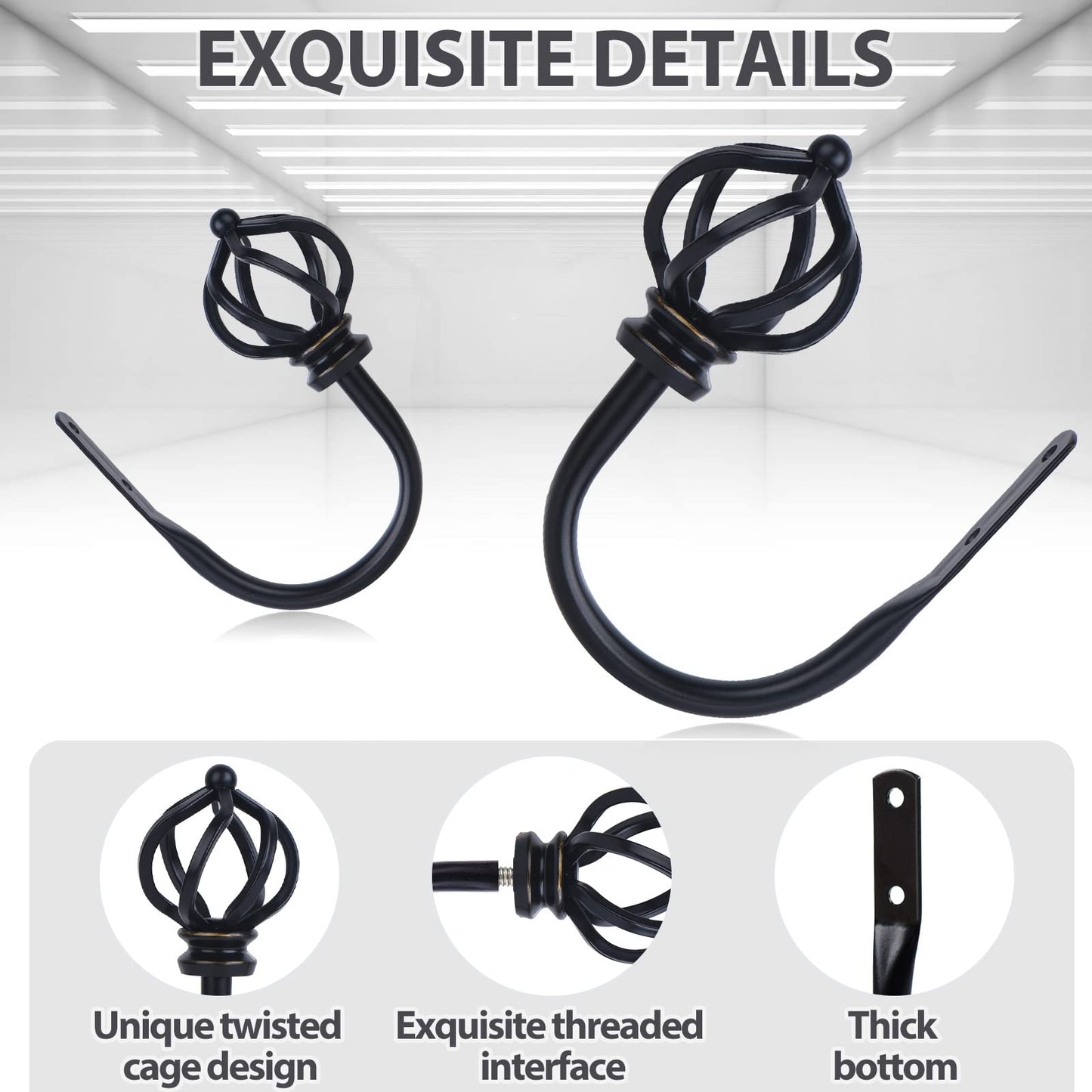 KAMANINA Decorative Curtain Drapery Holdbacks for Wall, Black Curtain Tiebacks Holders with Screws Wall Mounted for Drapes Window Home Decoration, Twisted Cage Finials, 1 Pair/2 Pack, Small